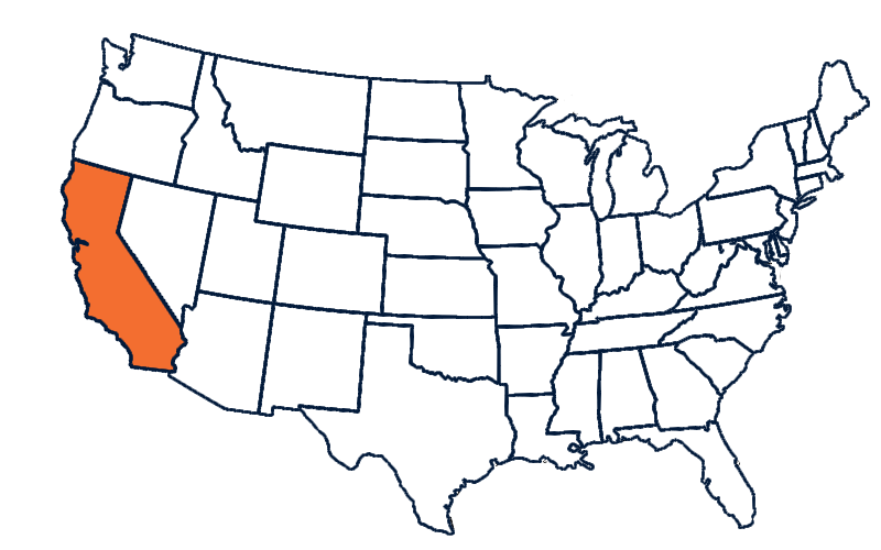 Map of the United States with the state of California highlighted in orange.