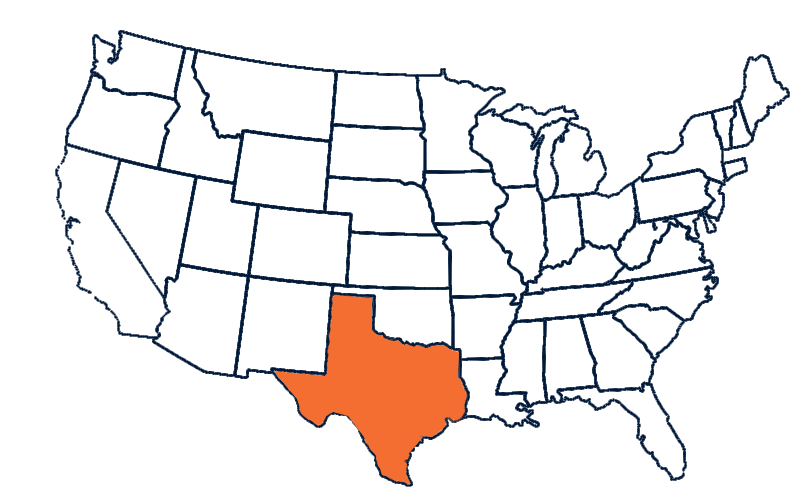 Map of the United States with the state of Texas highlighted in orange.