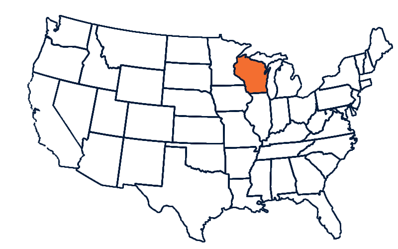 Map of the United States with the state of Wisconsin highlighted in orange.